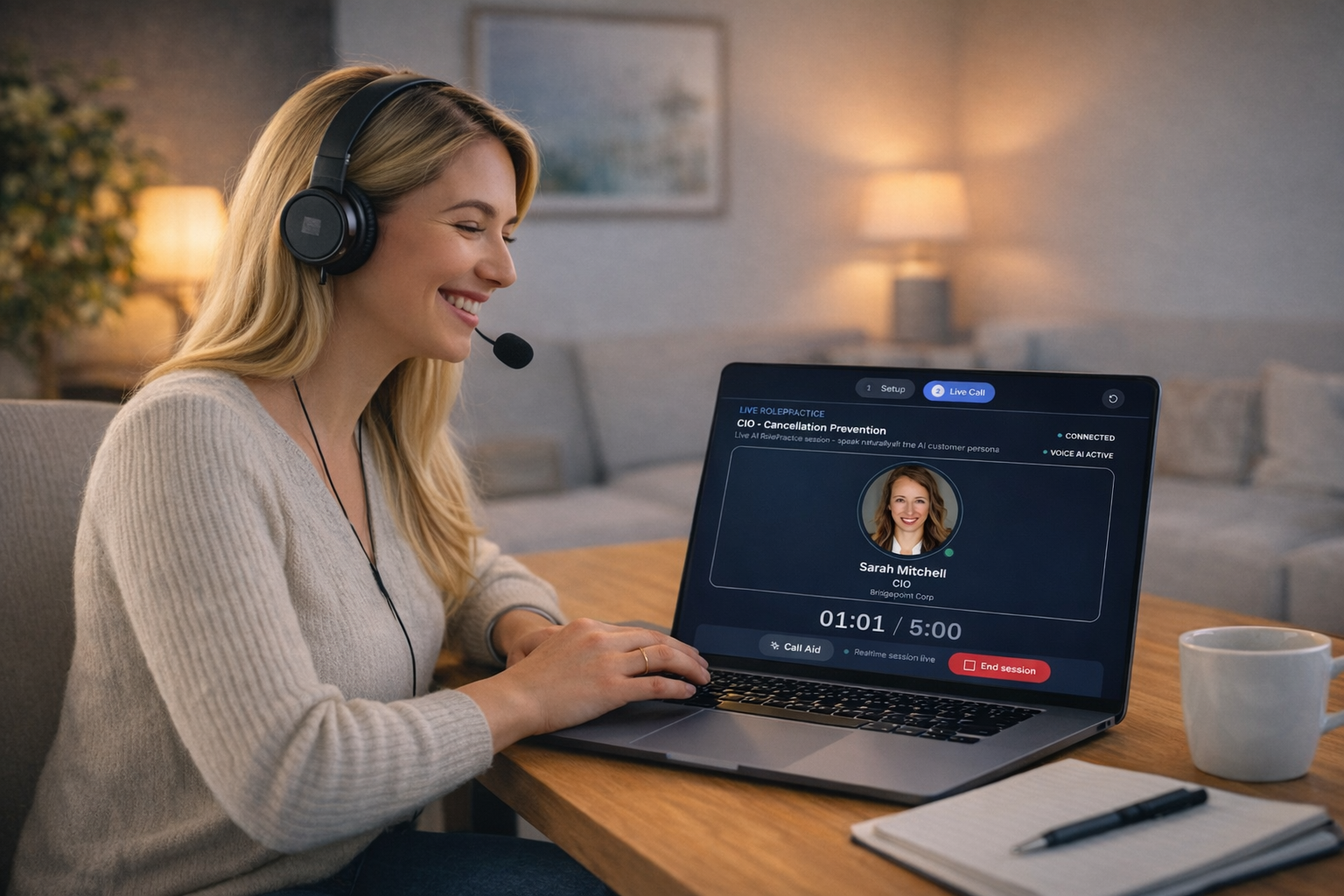 Sales rep practicing a live call with the RolePractice.ai AI buyer