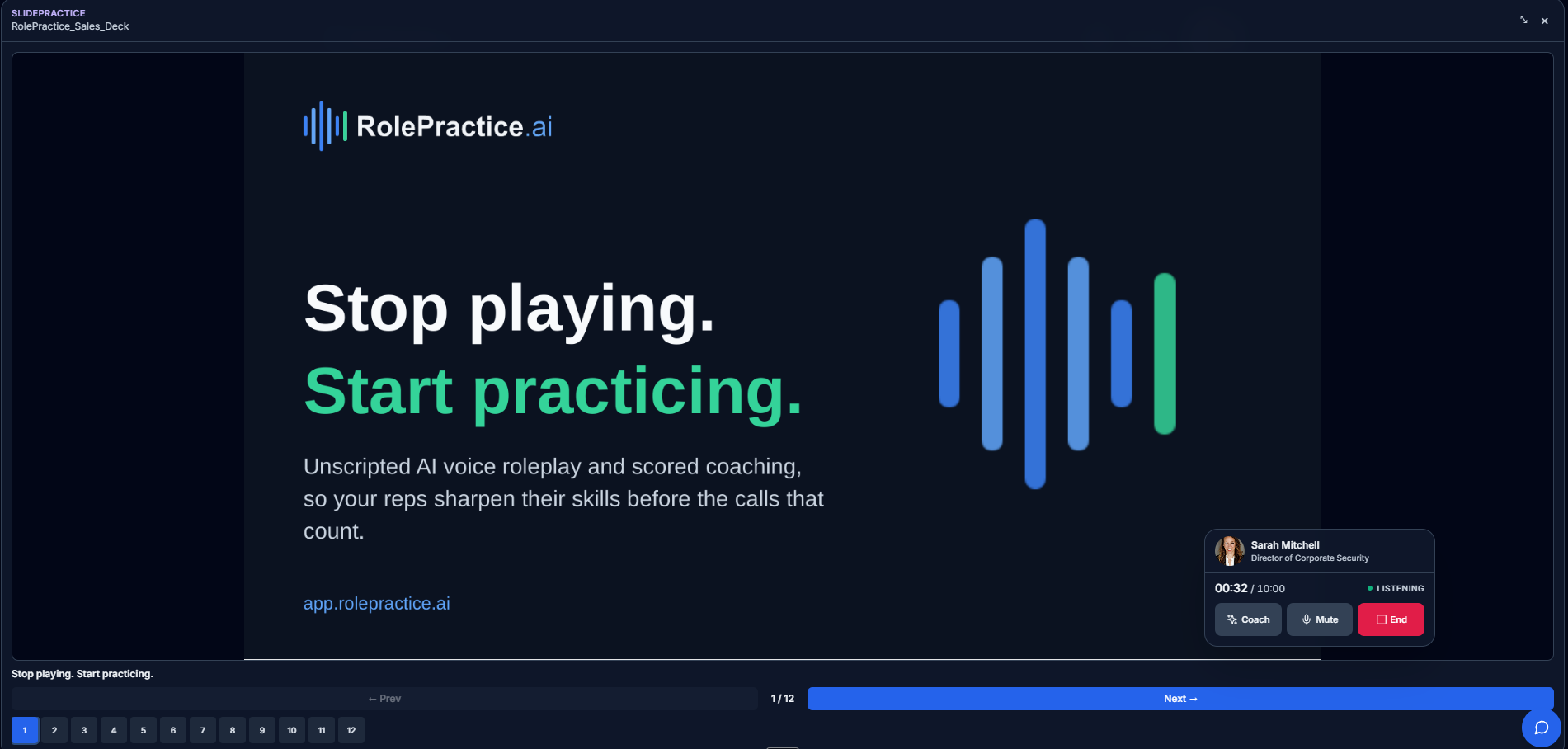 A rep presenting their slide deck live to the RolePractice AI buyer in SlidePractice